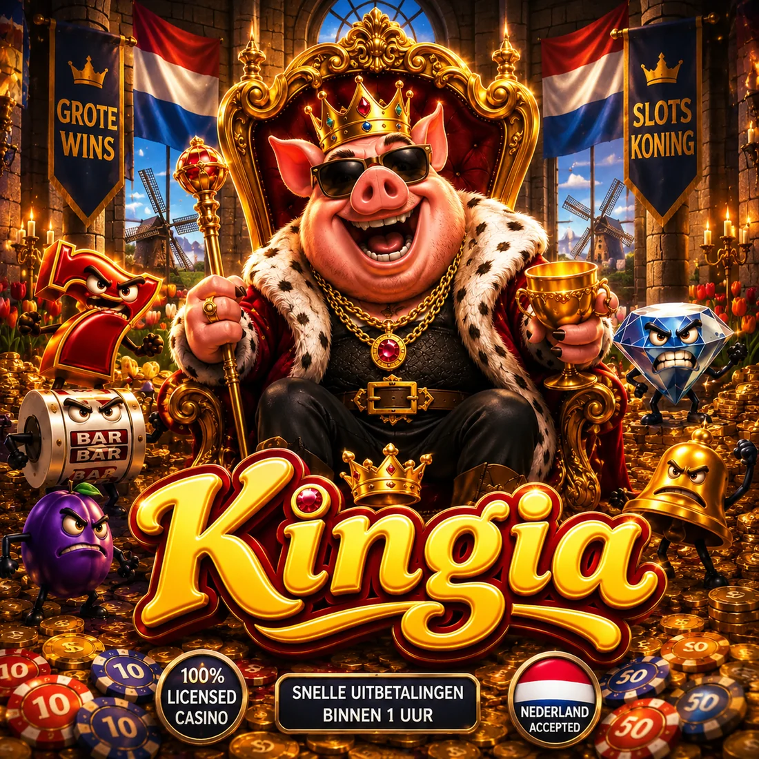 De slotskoning van Kingia op zijn gouden troon